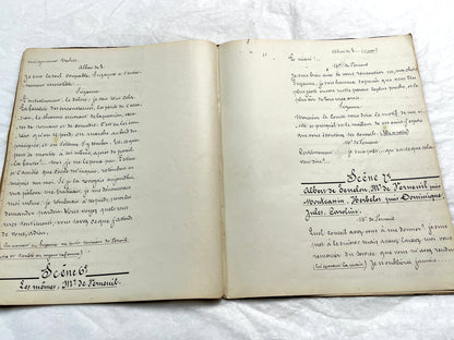 Late 19th French handwritten play manuscript with 'Scène 5' and 'Personnages' list visible.