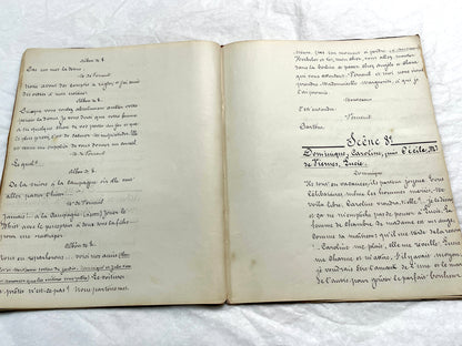 Late 19th French handwritten play manuscript with 'Scène 5' and 'Personnages' list visible.