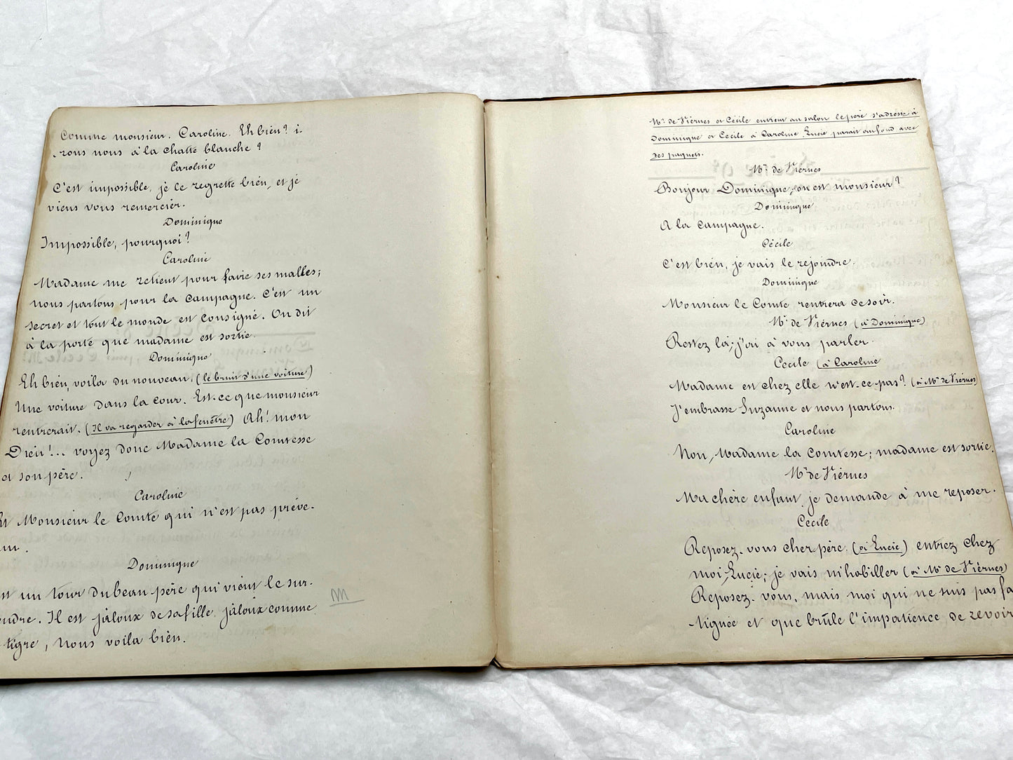 Late 19th French handwritten play manuscript with 'Scène 5' and 'Personnages' list visible.