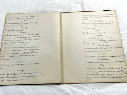 Late 19th French handwritten play manuscript with 'Scène 5' and 'Personnages' list visible.