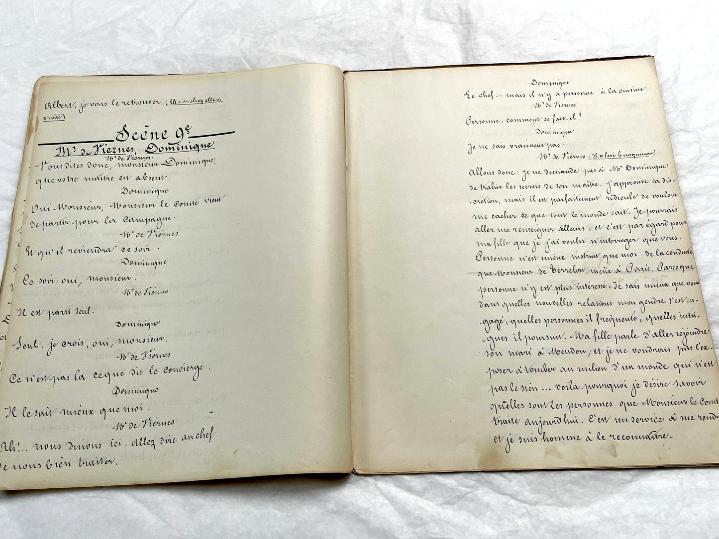 Late 19th French handwritten play manuscript with 'Scène 5' and 'Personnages' list visible.