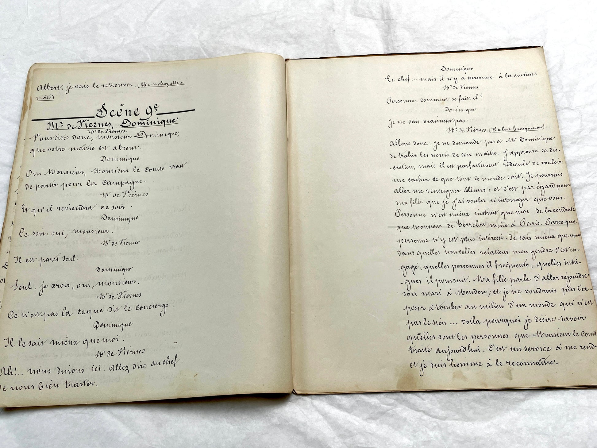Late 19th French handwritten play manuscript with 'Scène 5' and 'Personnages' list visible.