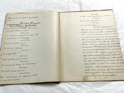 Late 19th French handwritten play manuscript with 'Scène 5' and 'Personnages' list visible.