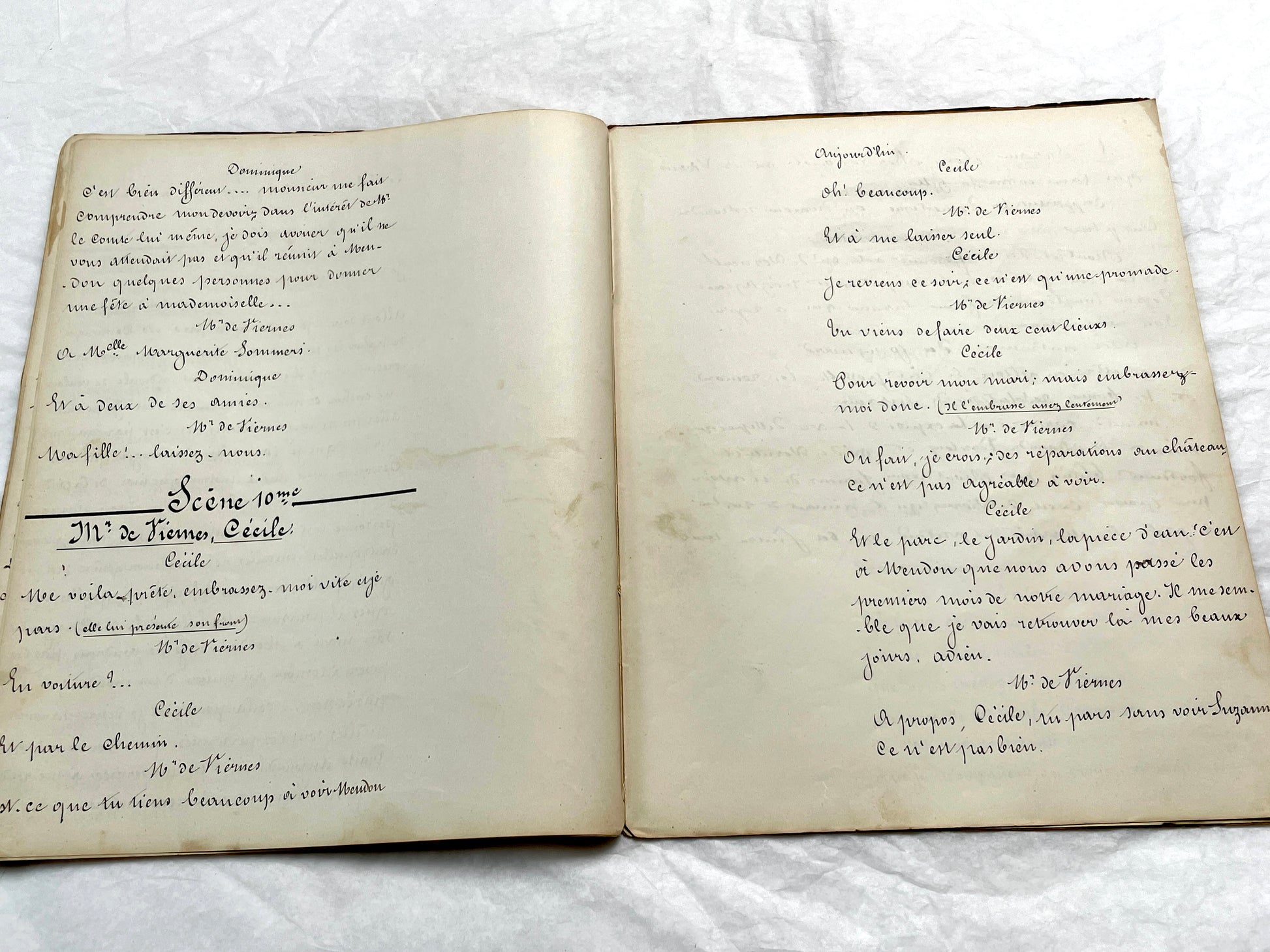 Late 19th French handwritten play manuscript with 'Scène 5' and 'Personnages' list visible.