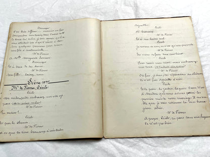 Late 19th French handwritten play manuscript with 'Scène 5' and 'Personnages' list visible.