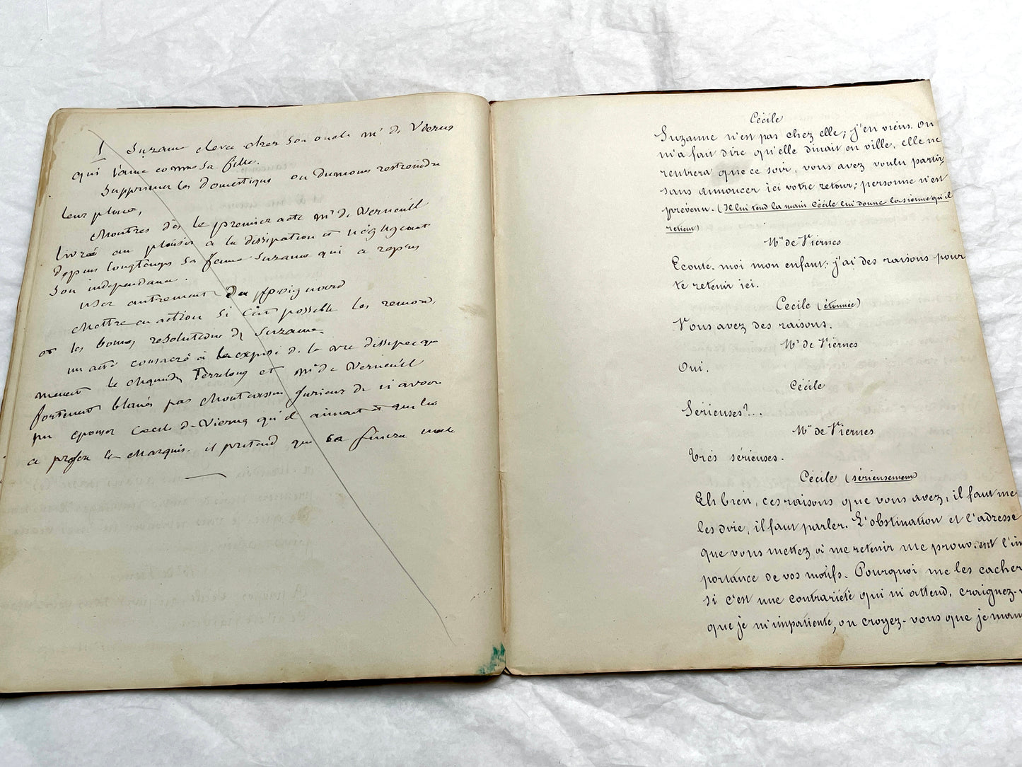 Late 19th French handwritten play manuscript with 'Scène 5' and 'Personnages' list visible.
