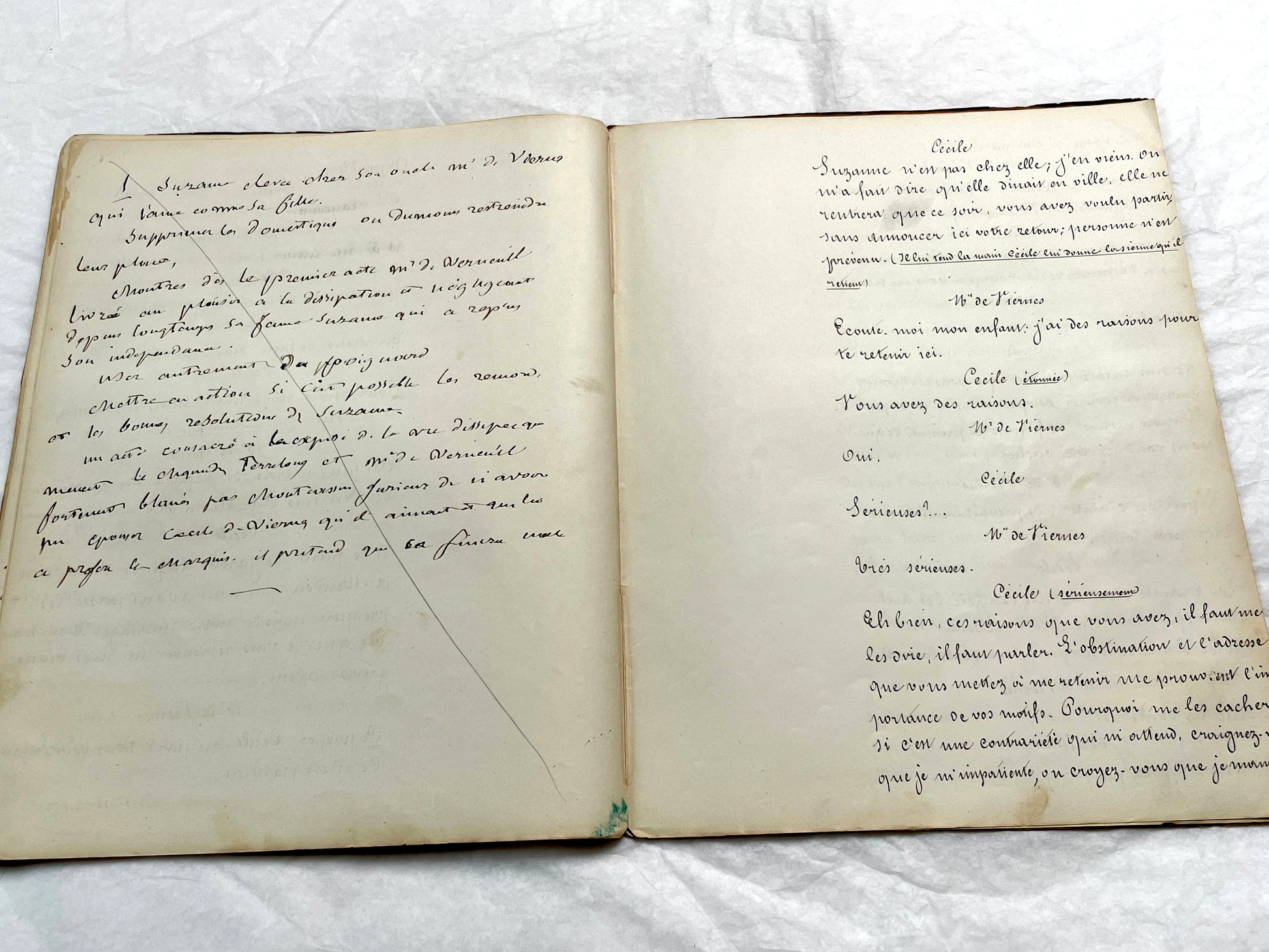 Late 19th French handwritten play manuscript with 'Scène 5' and 'Personnages' list visible.