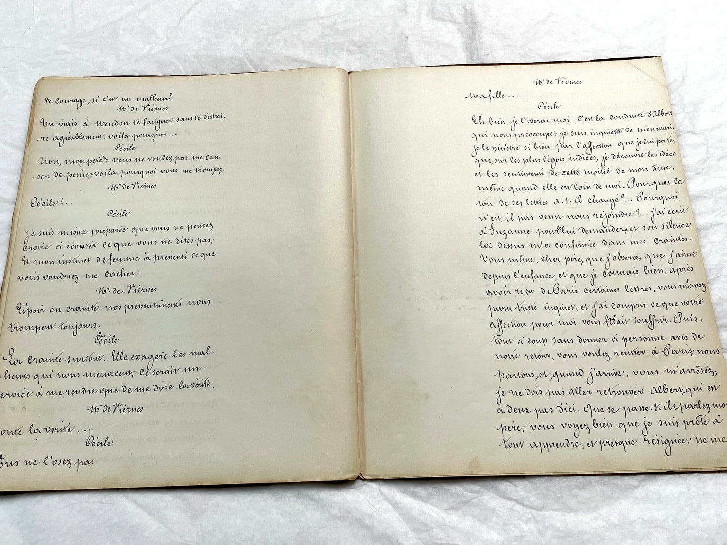 Late 19th French handwritten play manuscript with 'Scène 5' and 'Personnages' list visible.