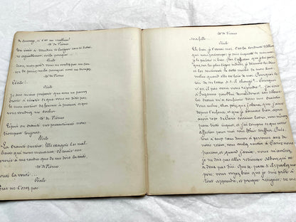Late 19th French handwritten play manuscript with 'Scène 5' and 'Personnages' list visible.