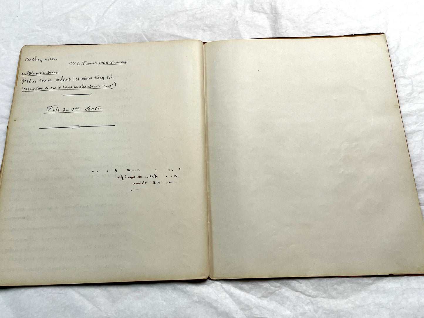 Late 19th French handwritten play manuscript with 'Scène 5' and 'Personnages' list visible.