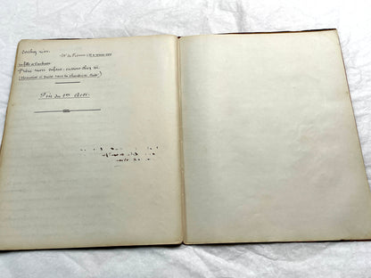 Late 19th French handwritten play manuscript with 'Scène 5' and 'Personnages' list visible.