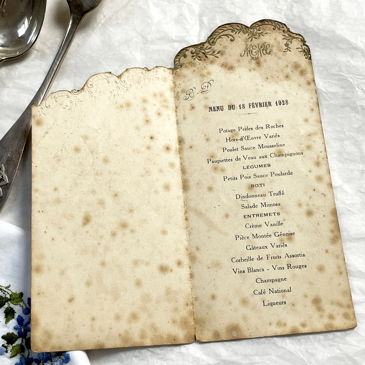 1920s - Antique French Menu 1928 February 18 - Formal Dinner Program Historical Collectible Ephemera Vintage Elegant Supper Card