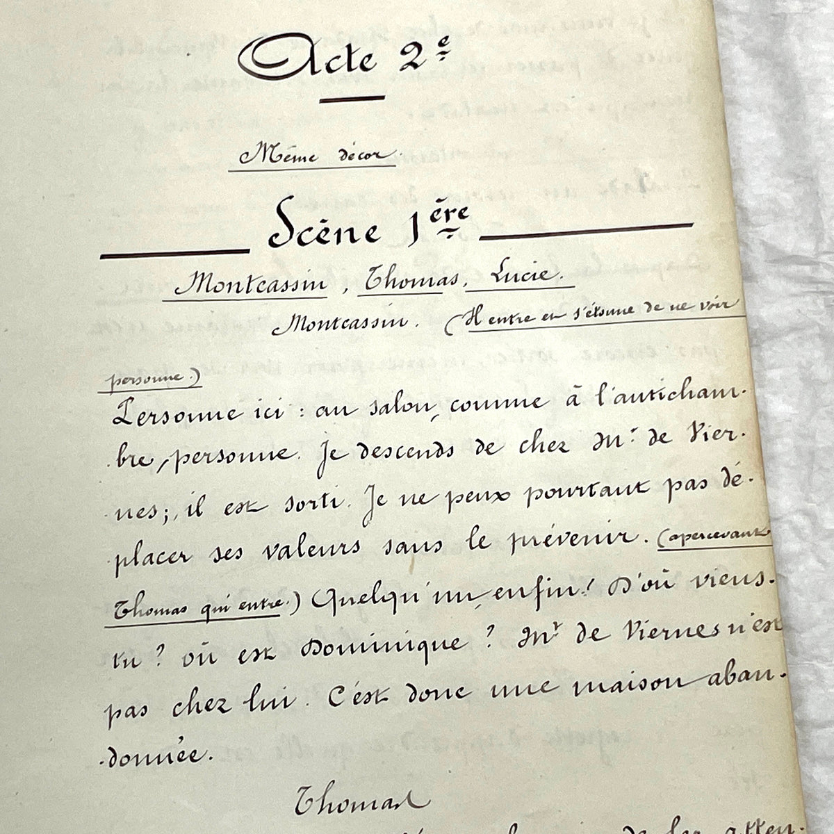 Late 19th century French play manuscript, 'Acte 2,' featuring elegant handwritten text on aged paper, a piece of theater hist