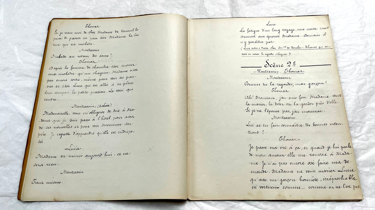 Late 19th century French play manuscript, 'Acte 2,' featuring elegant handwritten text on aged paper, a piece of theater hist