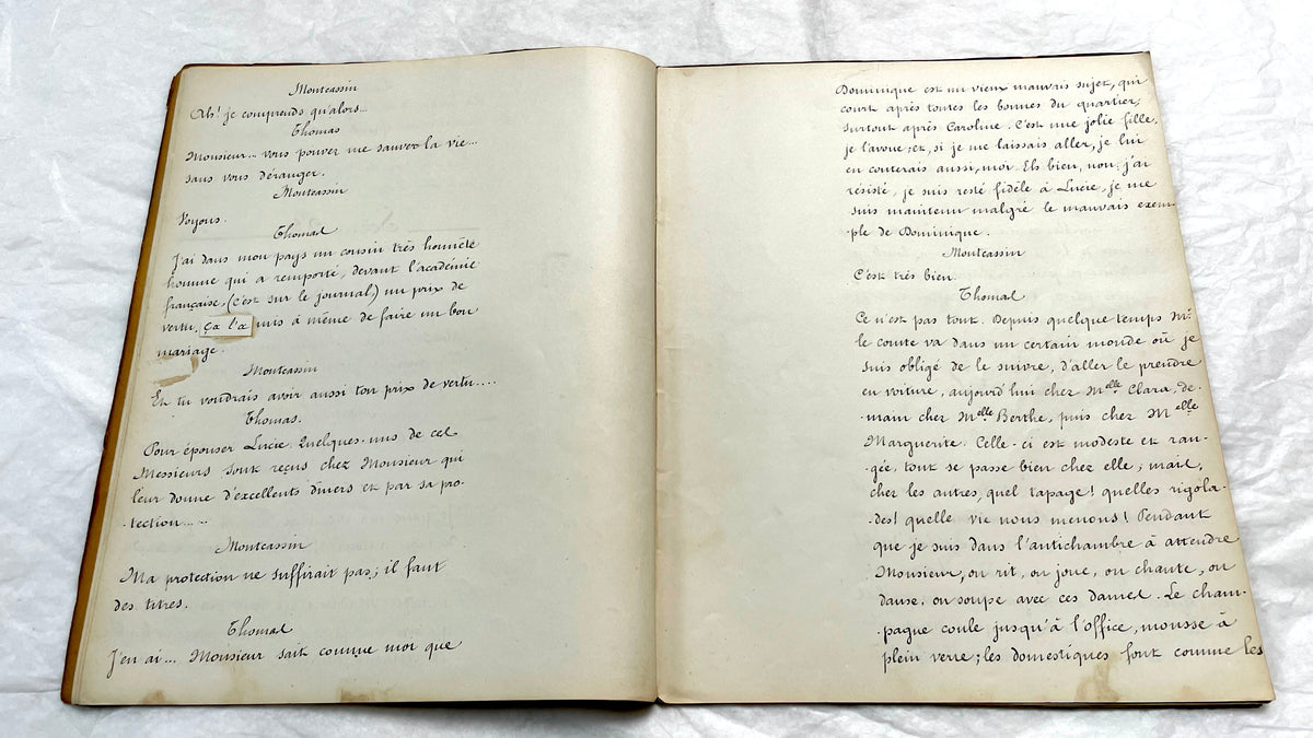 Late 19th century French play manuscript, 'Acte 2,' featuring elegant handwritten text on aged paper, a piece of theater hist