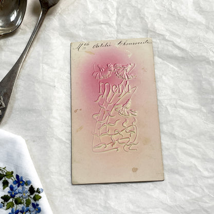 1920s - Antique French Menu Card - Embossed Floral Design - Handwritten Dinner & Lunch Celebration - December 1920