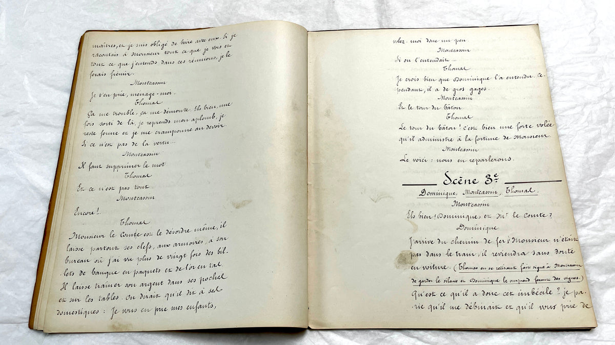 Late 19th century French play manuscript, 'Acte 2,' featuring elegant handwritten text on aged paper, a piece of theater hist