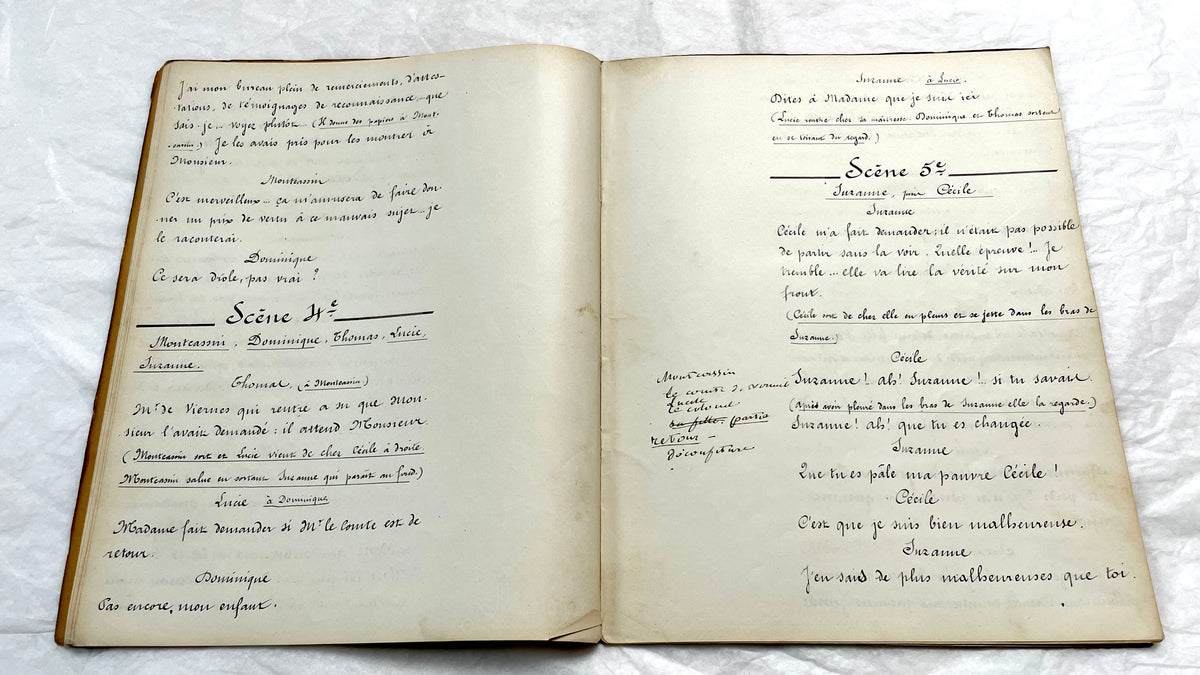 Late 19th century French play manuscript, 'Acte 2,' featuring elegant handwritten text on aged paper, a piece of theater hist