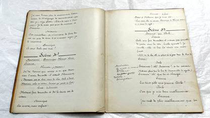 Late 19th century French play manuscript, 'Acte 2,' featuring elegant handwritten text on aged paper, a piece of theater hist