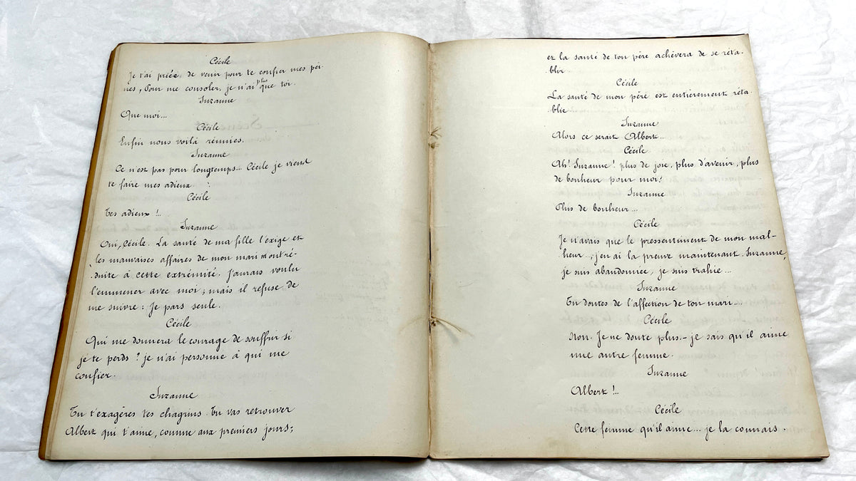 Late 19th century French play manuscript, 'Acte 2,' featuring elegant handwritten text on aged paper, a piece of theater hist