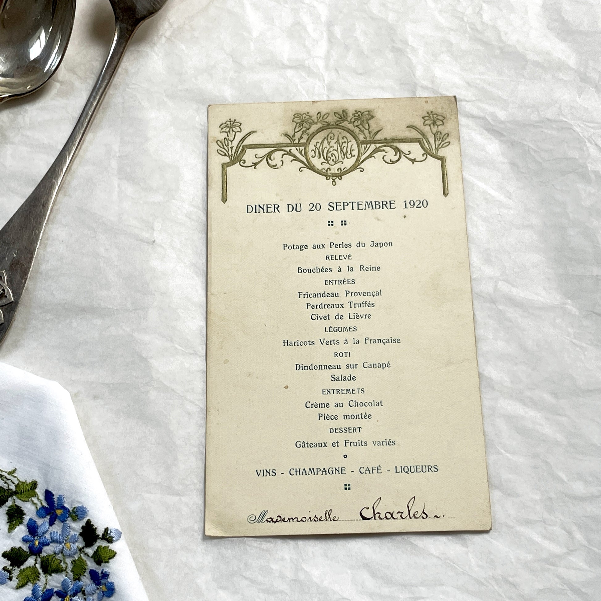 1920s - Vintage French Dinner Menu - September 20 1920 - Ornate Art Deco Monogram Design - Historical Dining Ephemera
