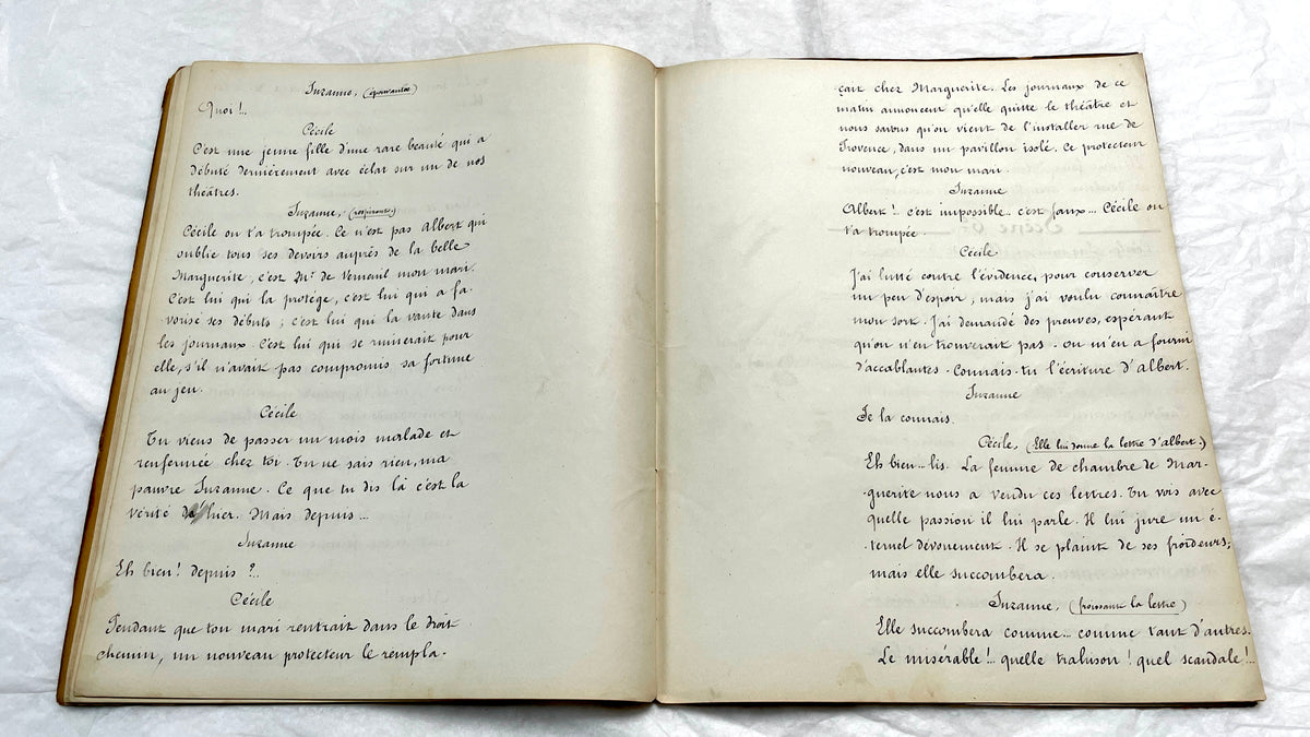 Late 19th century French play manuscript, 'Acte 2,' featuring elegant handwritten text on aged paper, a piece of theater hist