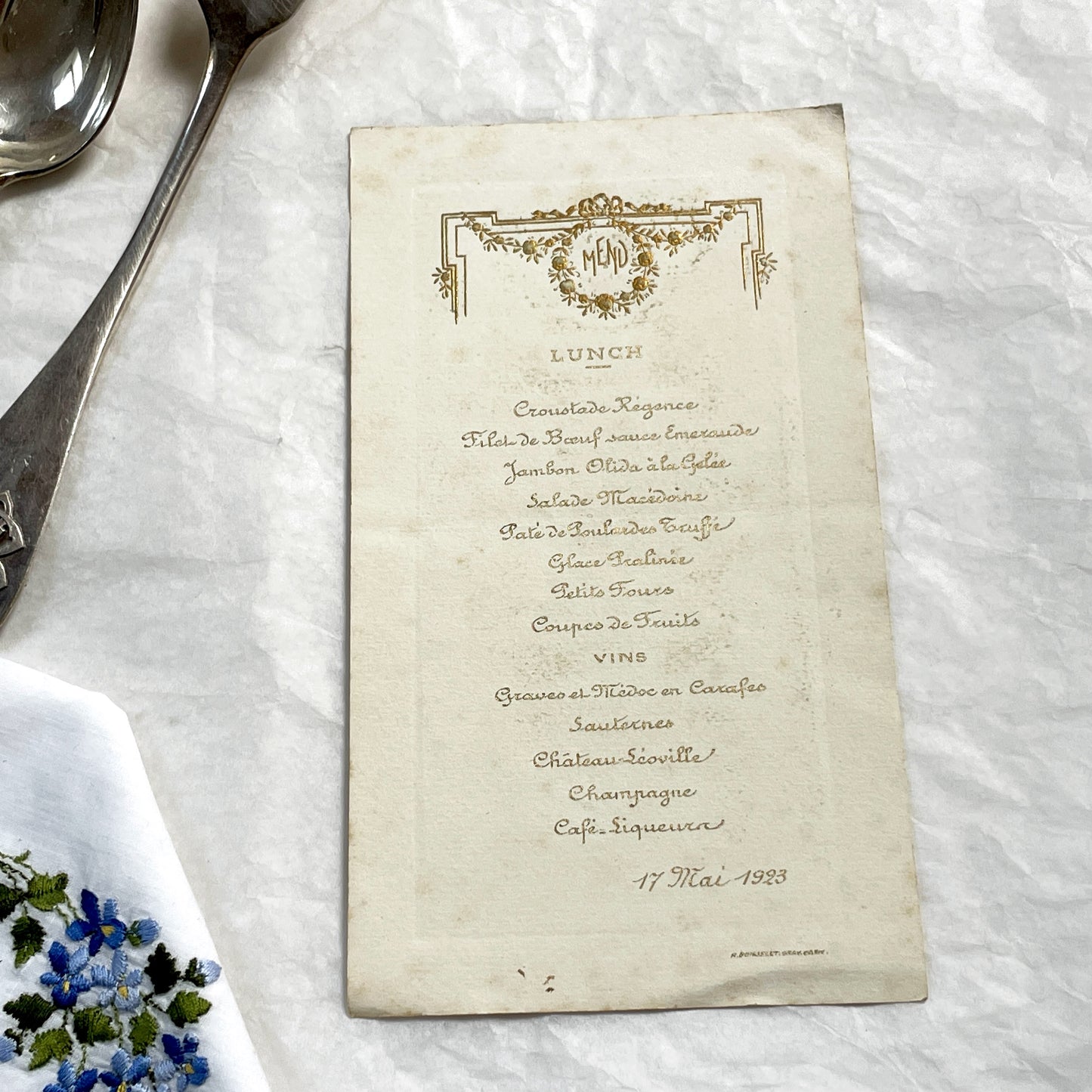1920s - Vintage French Menu Card - Elegant Lunch Dinner Service - Gilded Art Deco Motif - Fine Dining Historical Ephemera - 17 Mai 1923