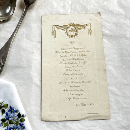 1920s - Vintage French Menu Card - Elegant Lunch Dinner Service - Gilded Art Deco Motif - Fine Dining Historical Ephemera - 17 Mai 1923