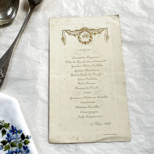 1920s - Vintage French Menu Card - Elegant Lunch Dinner Service - Gilded Art Deco Motif - Fine Dining Historical Ephemera - 17 Mai 1923