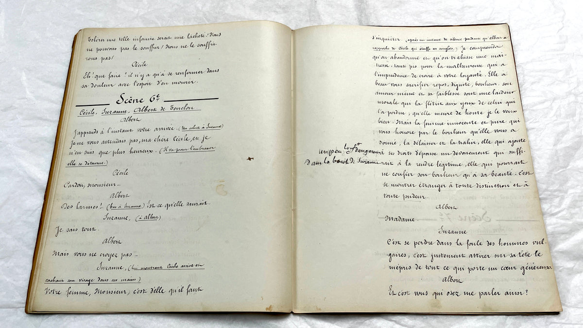 Late 19th century French play manuscript, 'Acte 2,' featuring elegant handwritten text on aged paper, a piece of theater hist