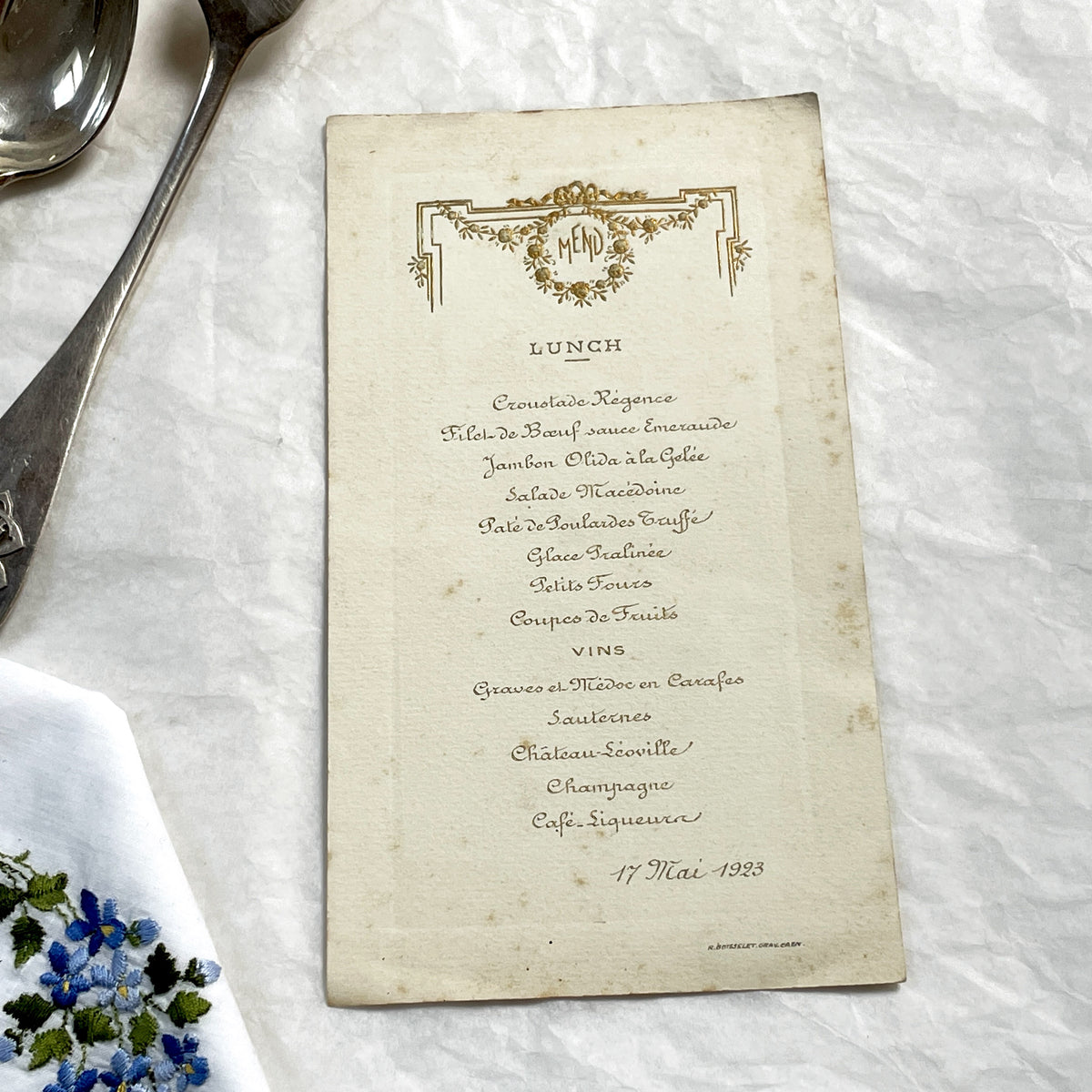 1920s - Vintage 1923 French Restaurant Menu - Formal Lunch Event Dining Memorabilia - Haute Cuisine - Elegant Dining - Collectible Ephemera