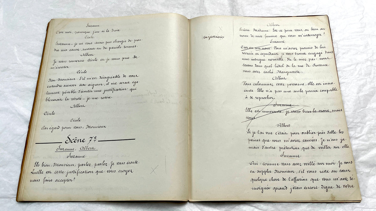 Late 19th century French play manuscript, 'Acte 2,' featuring elegant handwritten text on aged paper, a piece of theater hist