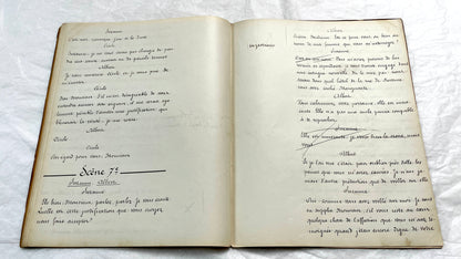 Late 19th century French play manuscript, 'Acte 2,' featuring elegant handwritten text on aged paper, a piece of theater hist