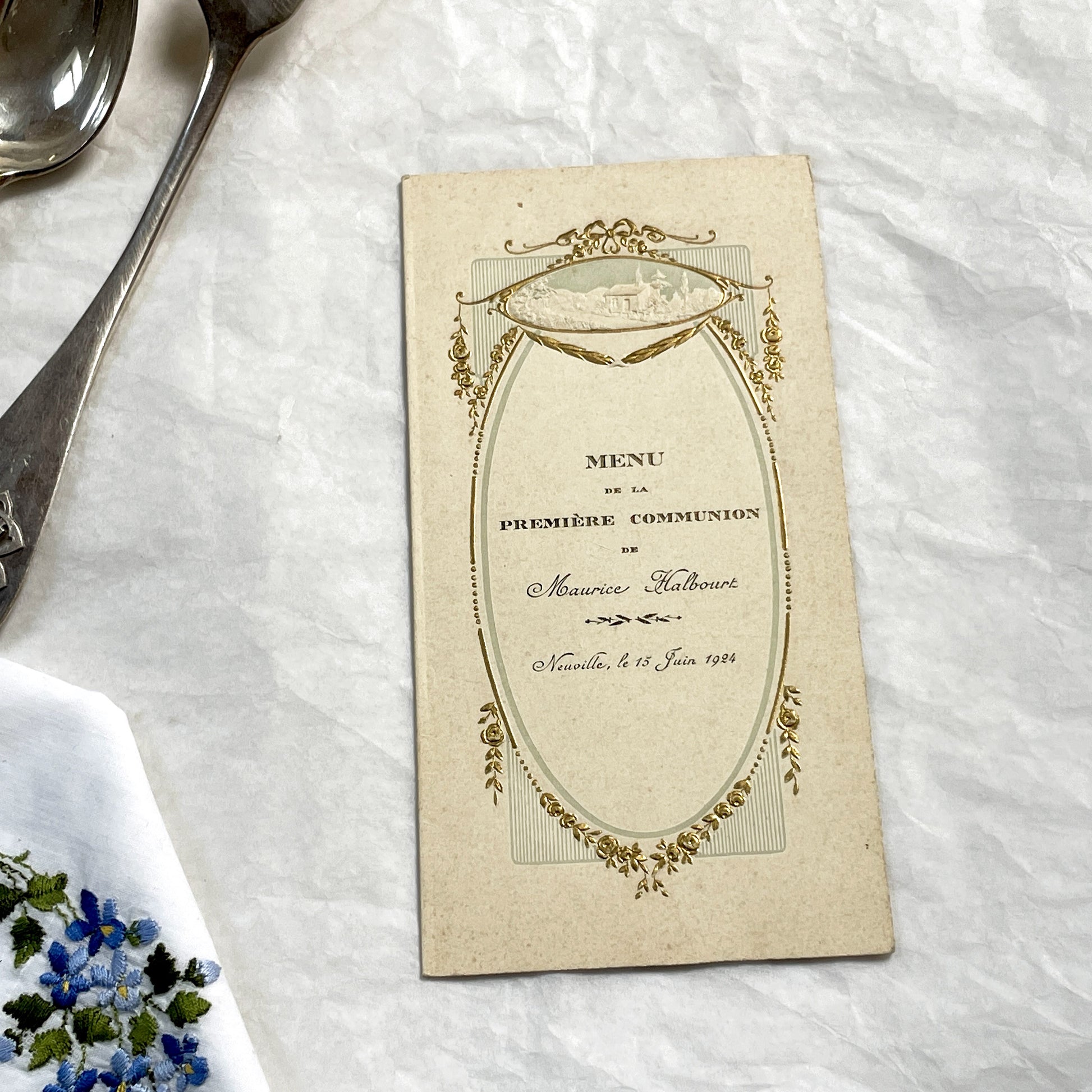 1920s - Vintage French First Communion Menu - Maurice Halboust 1924 - Exquisite Embossed Religious Celebration Document Souvenir Collectible