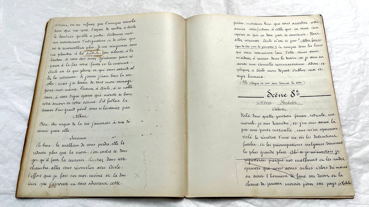 Late 19th century French play manuscript, 'Acte 2,' featuring elegant handwritten text on aged paper, a piece of theater hist