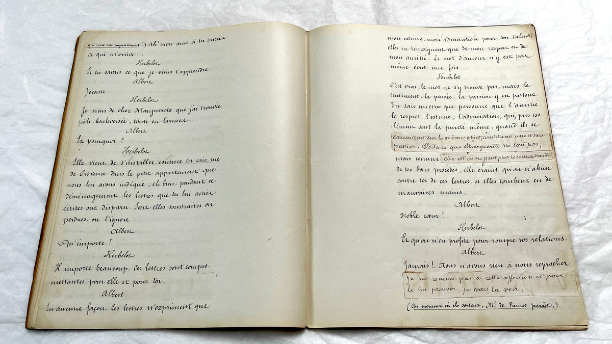 Late 19th century French play manuscript, 'Acte 2,' featuring elegant handwritten text on aged paper, a piece of theater hist