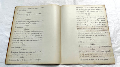 Late 19th century French play manuscript, 'Acte 2,' featuring elegant handwritten text on aged paper, a piece of theater hist