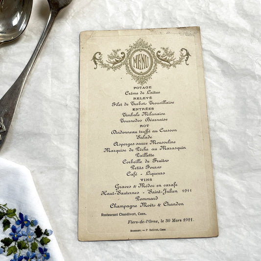 1920s - Vintage French Restaurant Menu - Chandivert Caen Dining - Historical Ephemera - Elegant Cuisine - Normandy Collectible