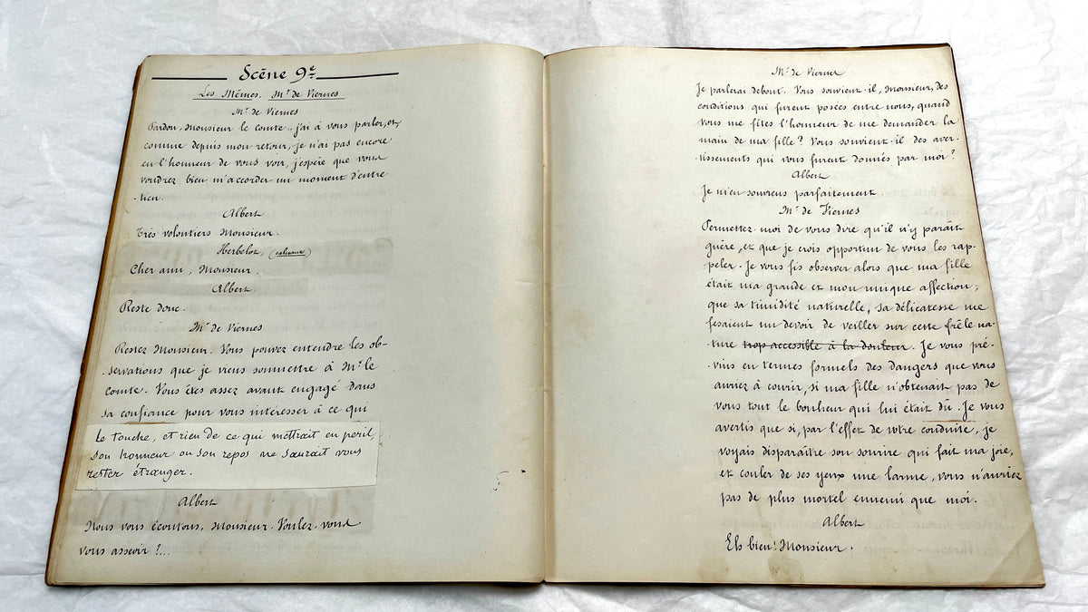 Late 19th century French play manuscript, 'Acte 2,' featuring elegant handwritten text on aged paper, a piece of theater hist
