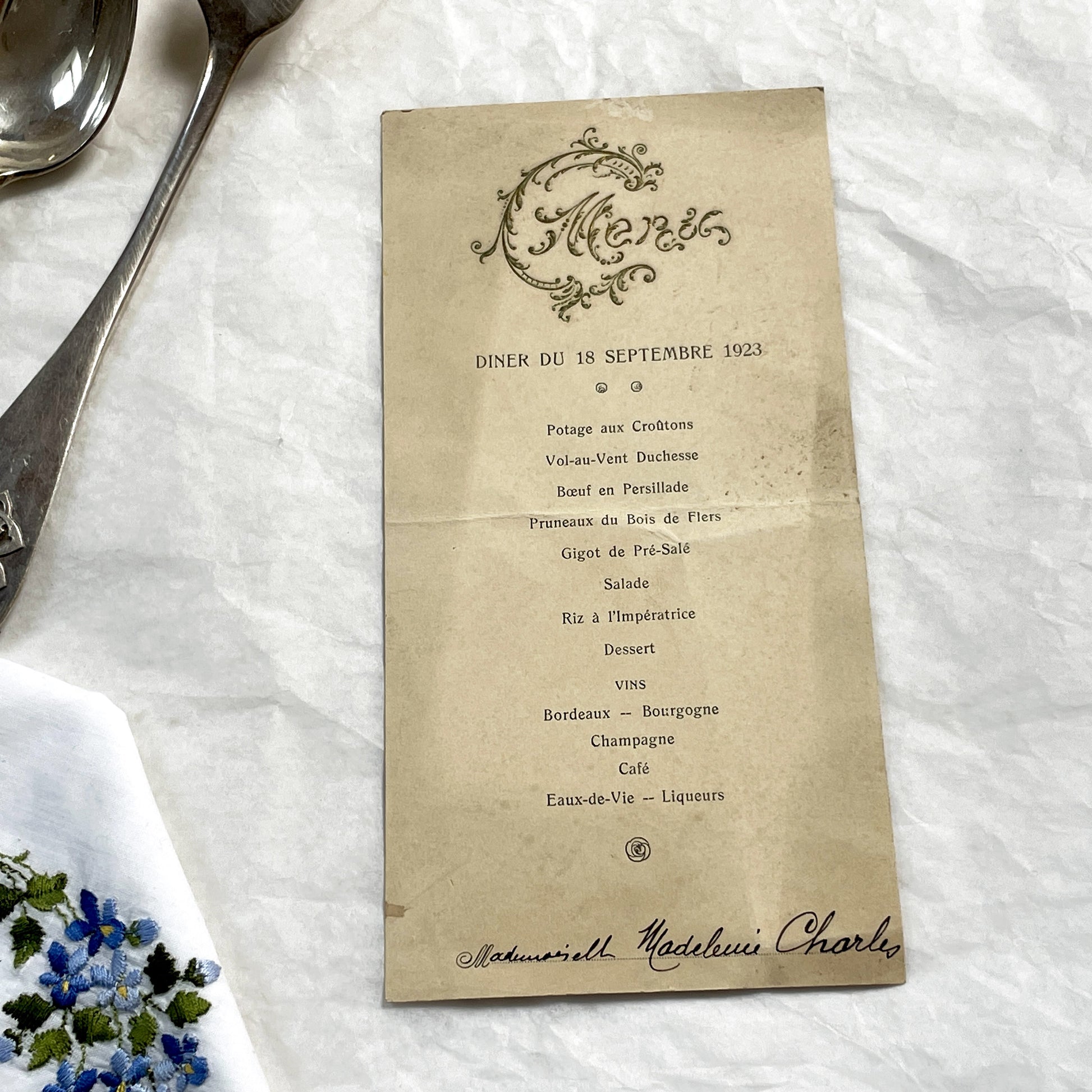 1920s - Antique French Dinner Menu Collectible - Formal Dining Ephemera - Vintage Restaurant Chandivert Caen - Historical Culinary Document
