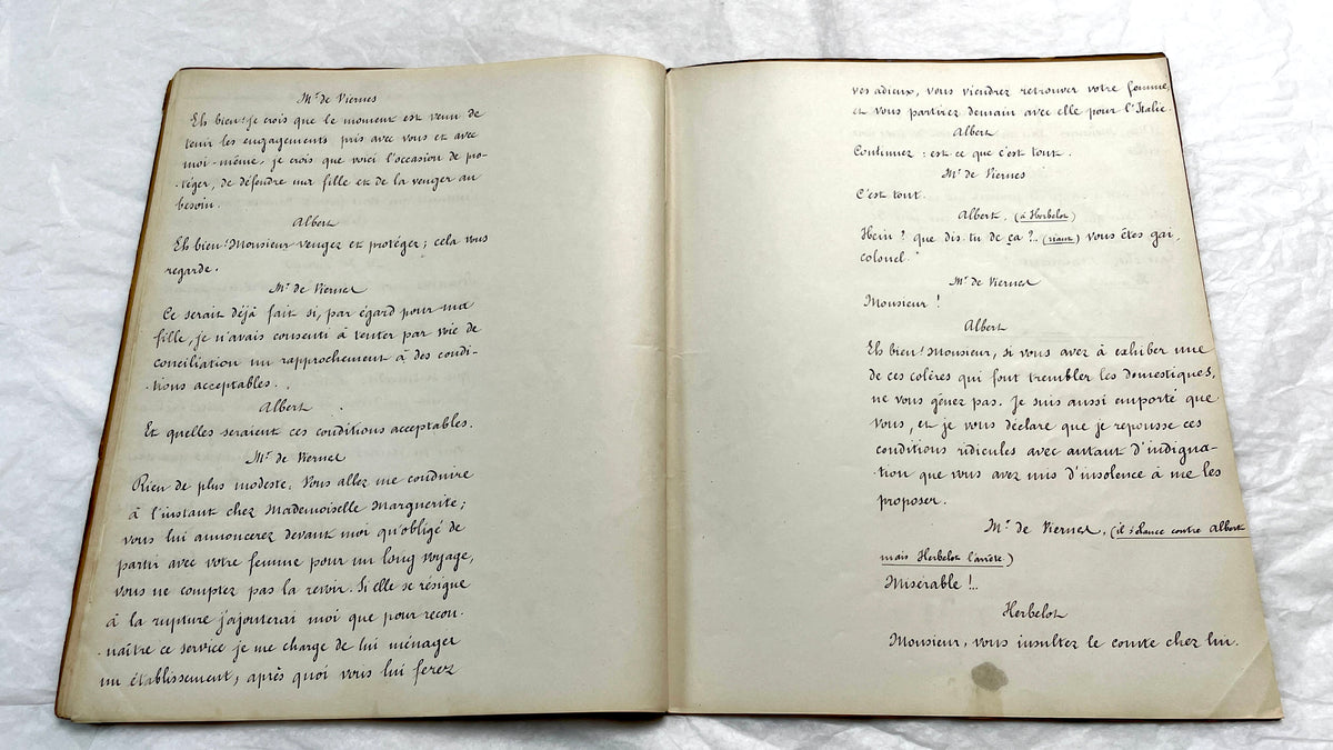 Late 19th century French play manuscript, 'Acte 2,' featuring elegant handwritten text on aged paper, a piece of theater hist