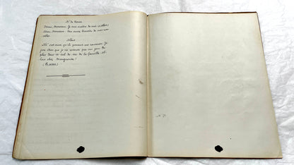 Late 19th century French play manuscript, 'Acte 2,' featuring elegant handwritten text on aged paper, a piece of theater hist