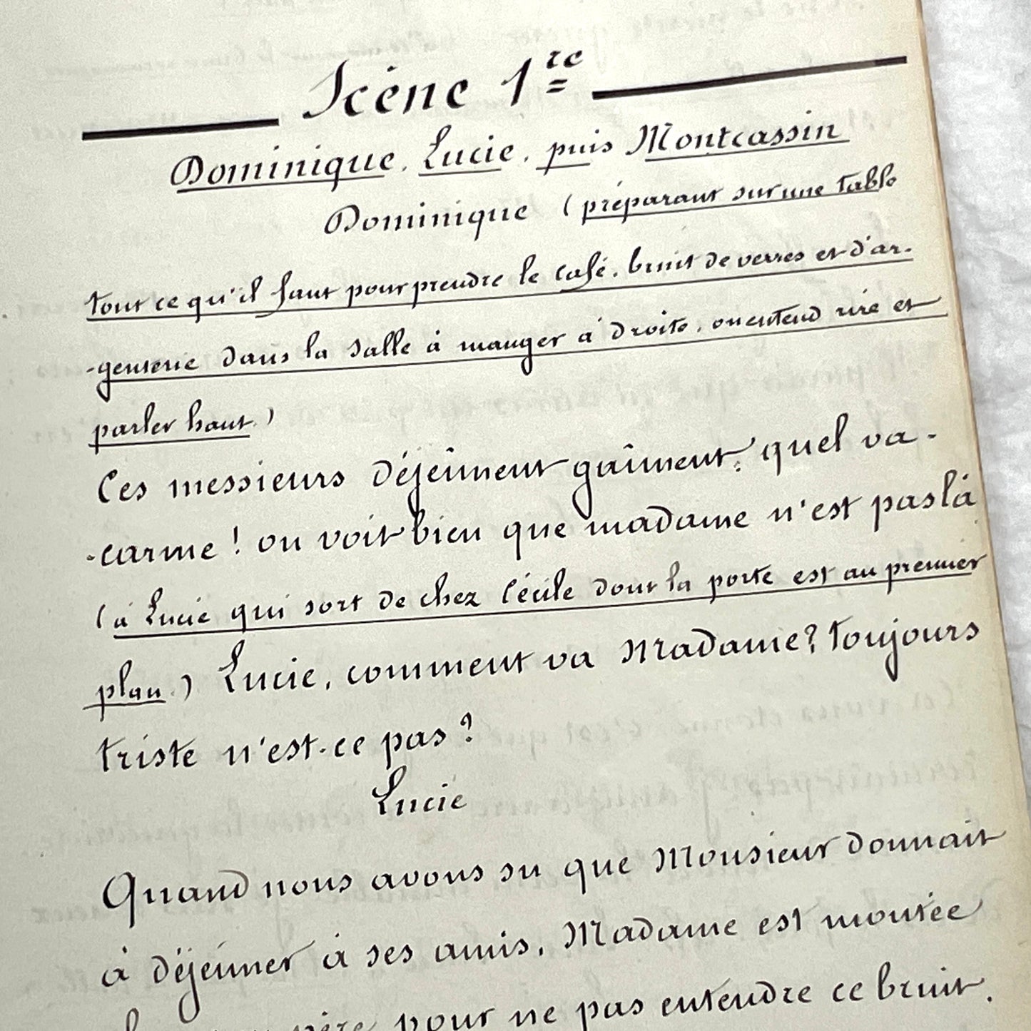 1930s French play script manuscript showing 'Acte 5ème' and handwritten text for a theater scene.