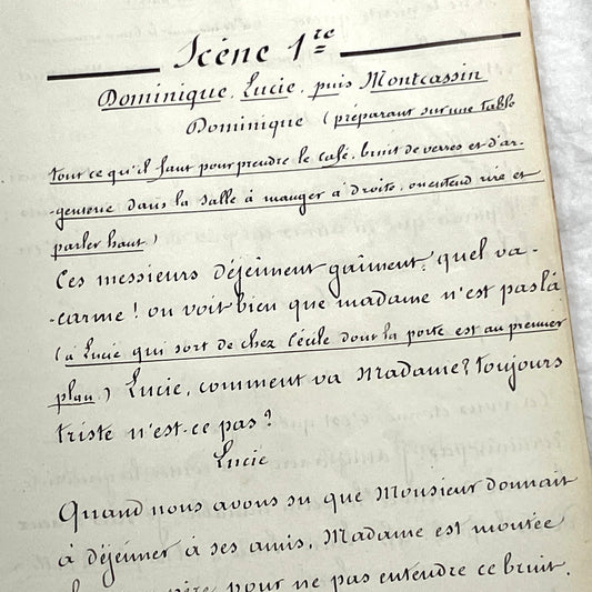 1930s French play script manuscript showing 'Acte 5ème' and handwritten text for a theater scene.