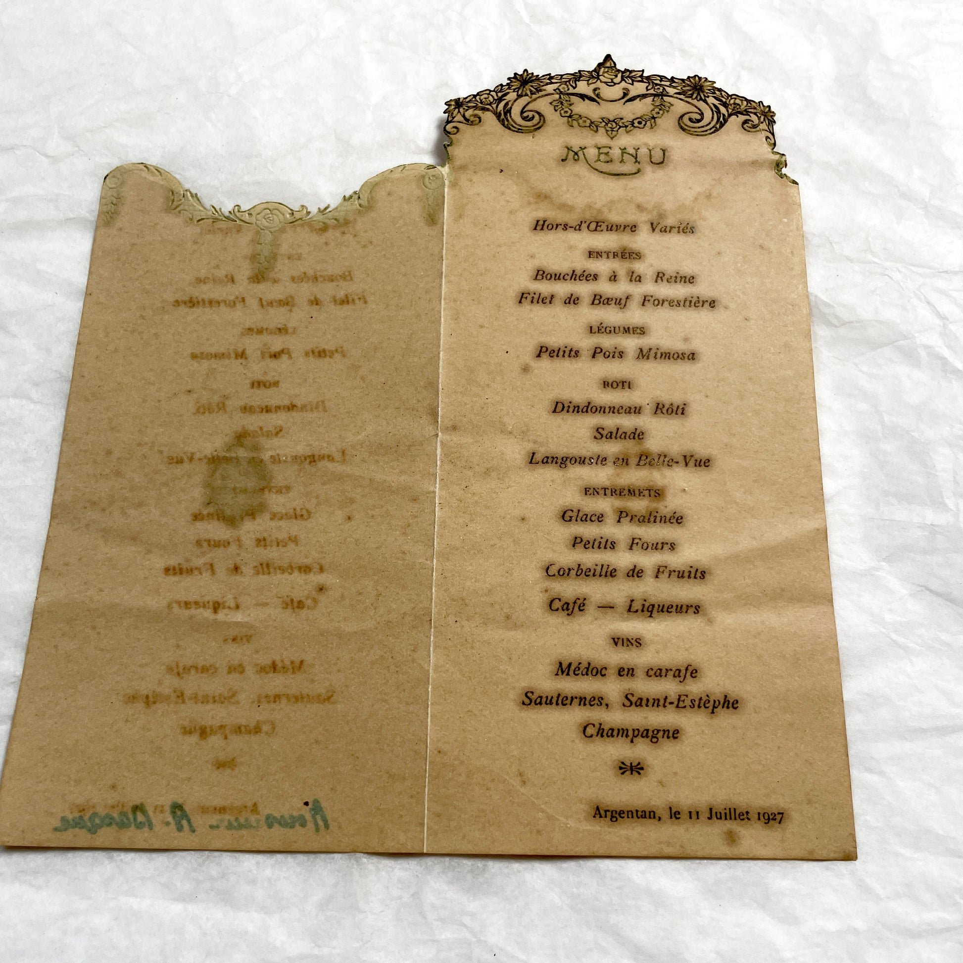1920s - Vintage French Dinner Menu - Ornate Art Nouveau Floral Design - 1927 Document - Elegant Cuisine - France Collectible
