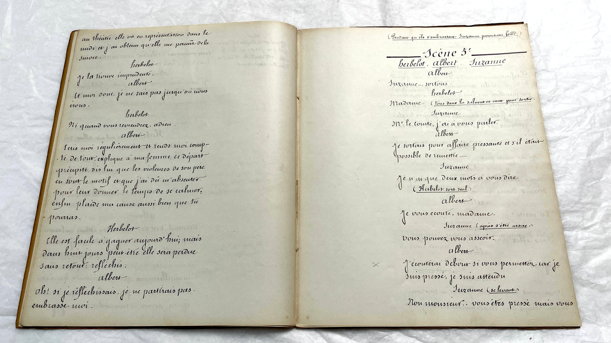 1930s French play script manuscript showing 'Acte 5ème' and handwritten text for a theater scene.