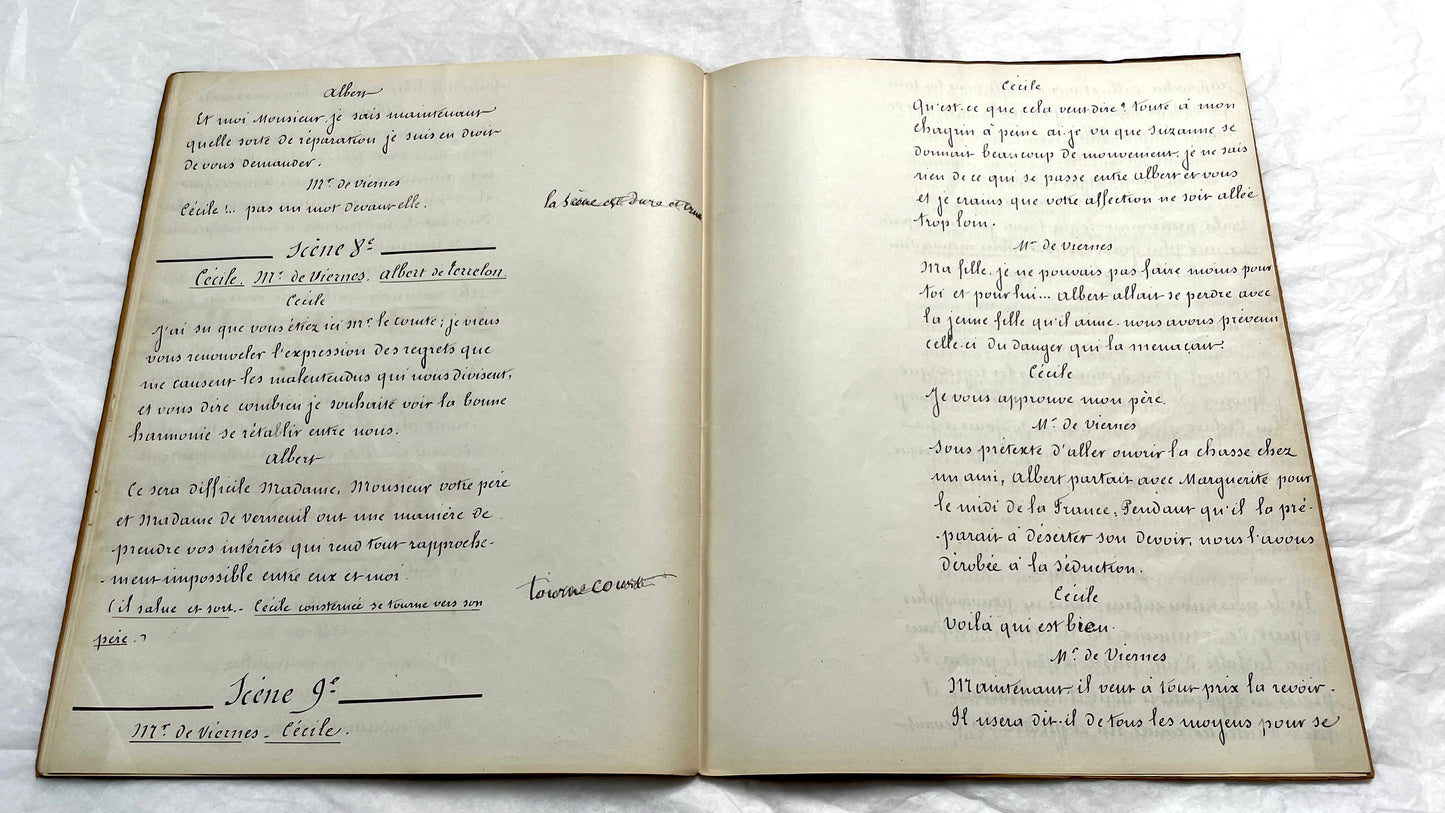 1930s French play script manuscript showing 'Acte 5ème' and handwritten text for a theater scene.