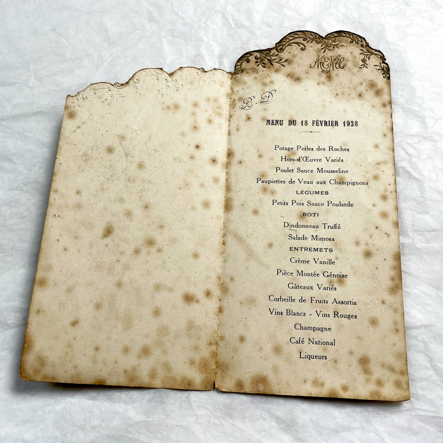 1920s - Antique French Menu 1928 February 18 - Formal Dinner Program Historical Collectible Ephemera Vintage Elegant Supper Card