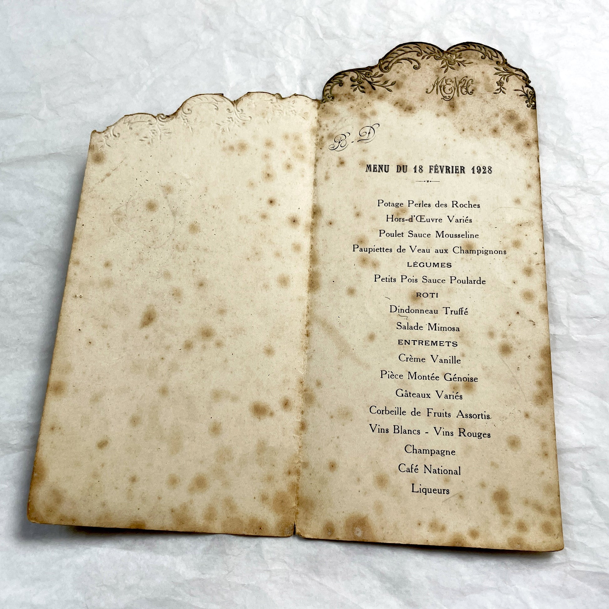 1920s - Antique French Menu 1928 February 18 - Formal Dinner Program Historical Collectible Ephemera Vintage Elegant Supper Card