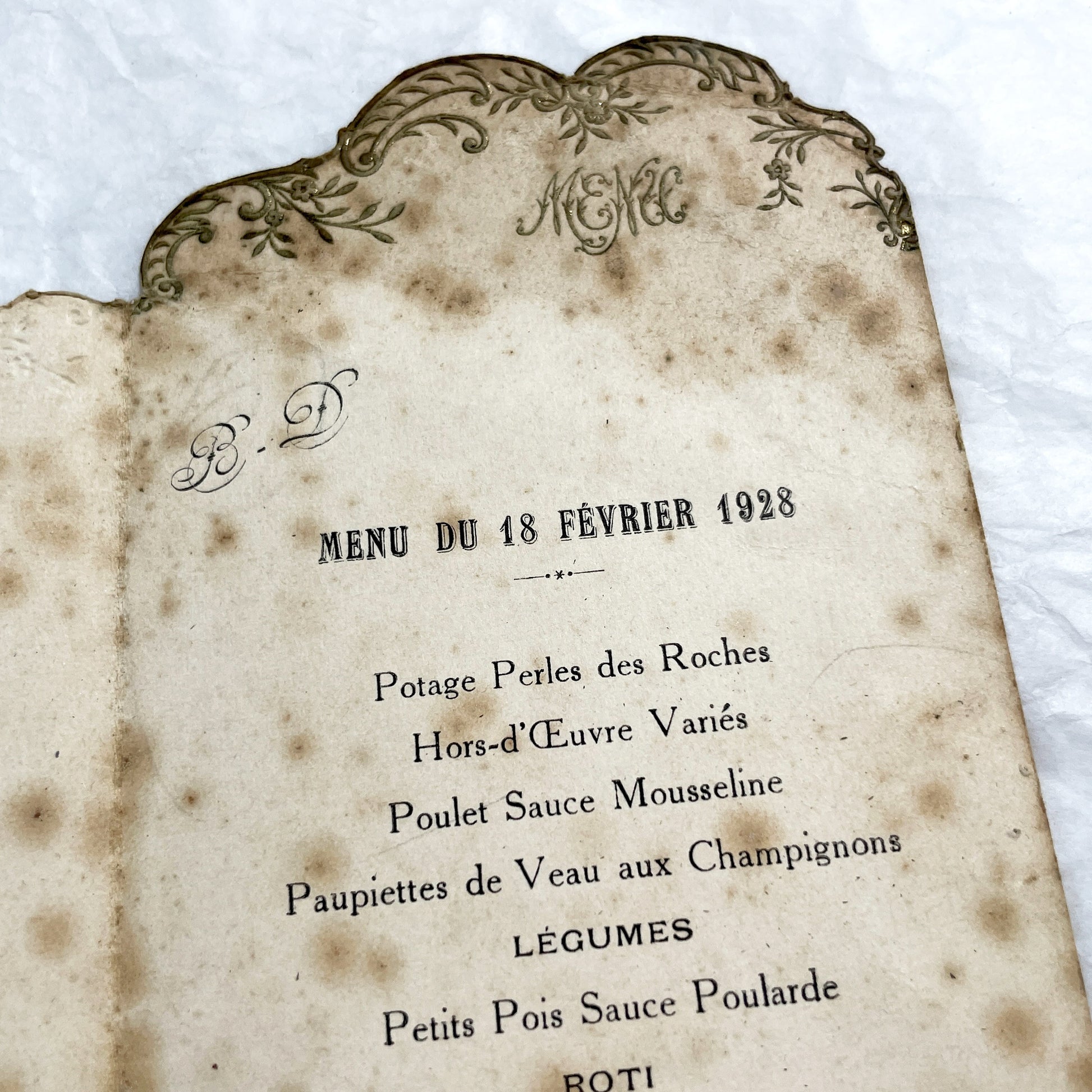 1920s - Antique French Menu 1928 February 18 - Formal Dinner Program Historical Collectible Ephemera Vintage Elegant Supper Card